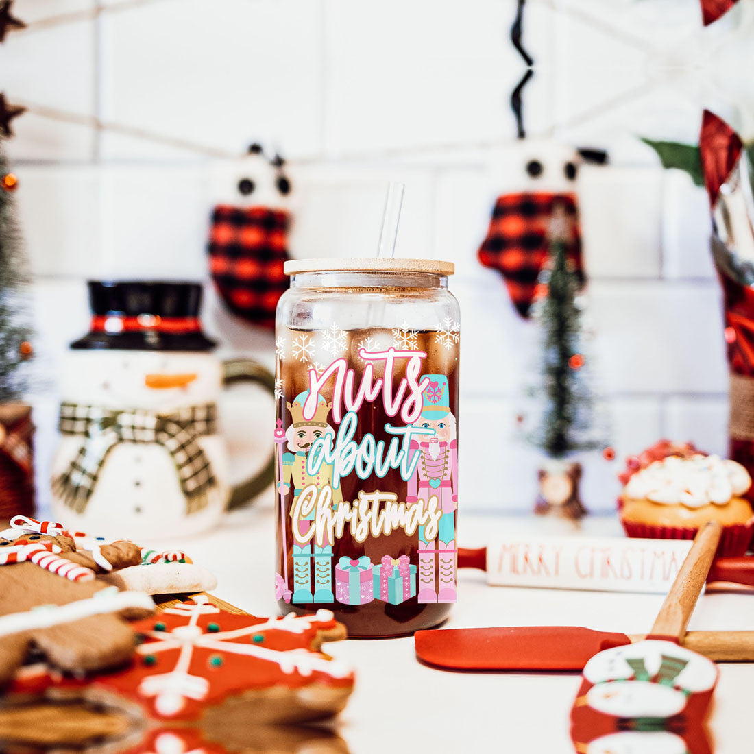 Nutcracker Nut Holiday Glass Cup & Straws