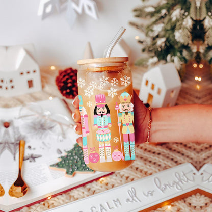 Nutcracker Nut Holiday Glass Cup & Straws