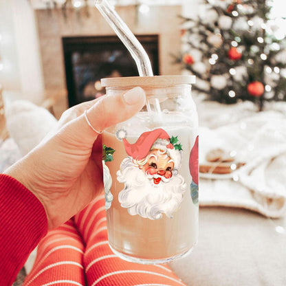 Vintage Santa Glass Cup with Lid & Straw