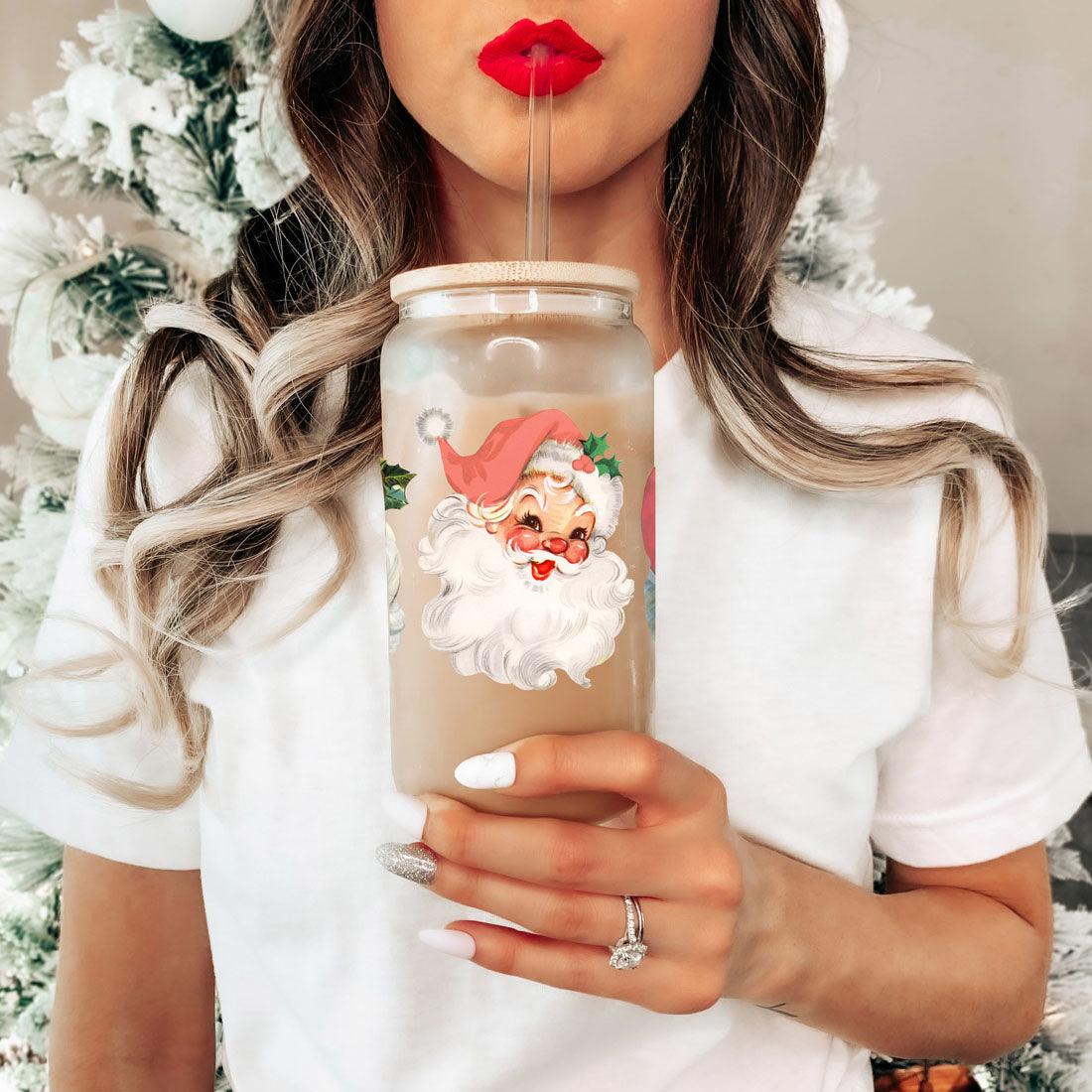 Vintage Santa Glass Cup with Lid & Straw