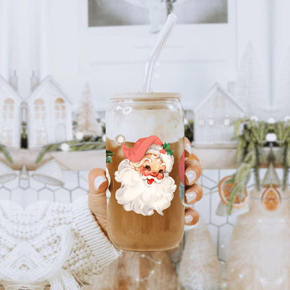 Vintage Santa Glass Cup with Lid & Straw