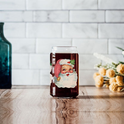 Vintage Santa Glass Cup with Lid & Straw