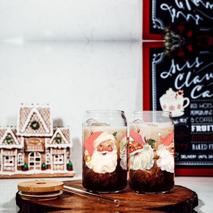 Vintage Santa Glass Cup with Lid & Straw