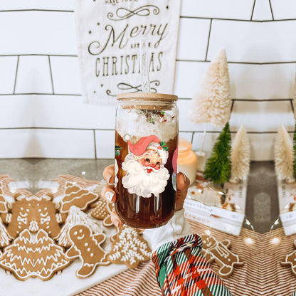 Vintage Santa Glass Cup with Lid & Straw