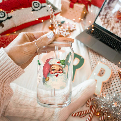 Vintage Santa Glass Cup with Lid & Straw