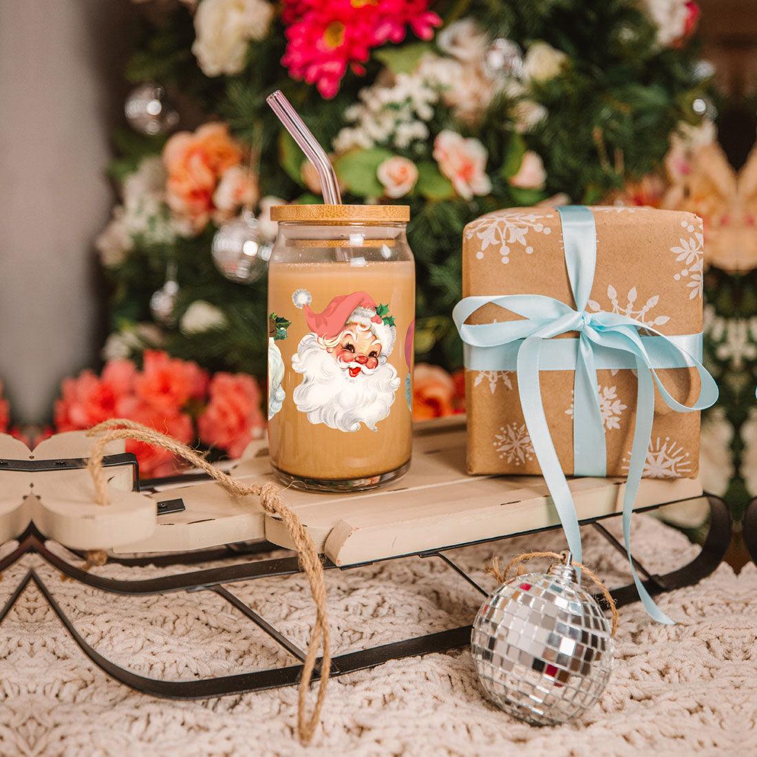 Vintage Santa Glass Cup with Lid & Straw