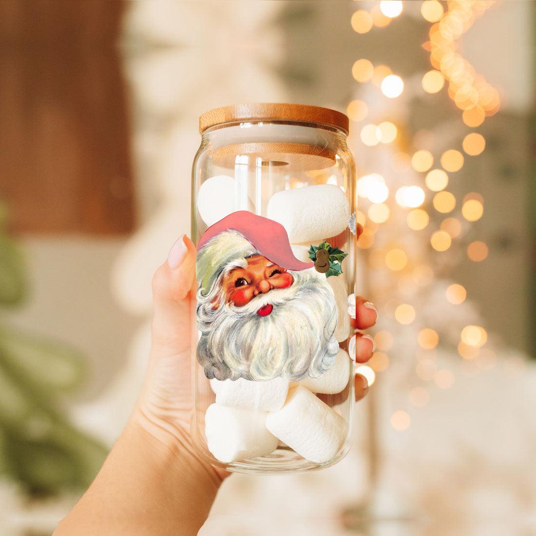 Vintage Santa Glass Cup with Lid & Straw