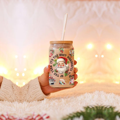 Vintage Christmas Glass Tumbler With lid & Straws