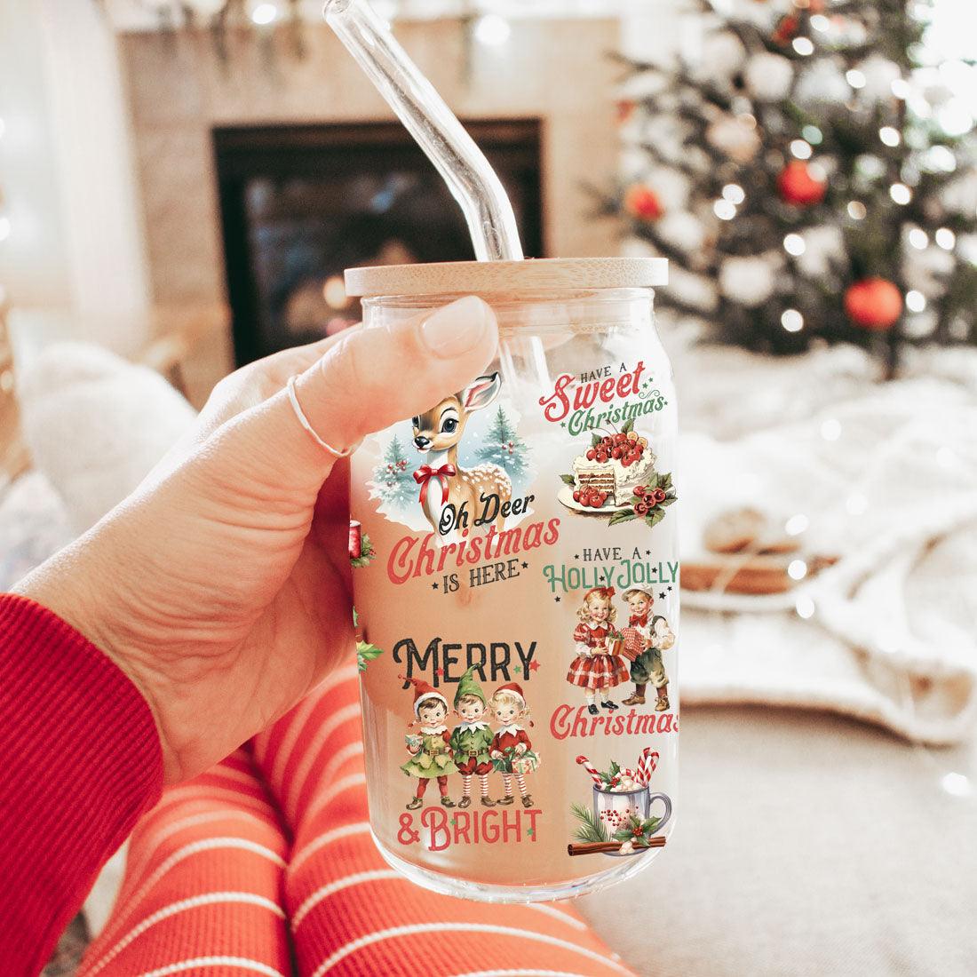 Vintage Christmas Glass Tumbler With lid & Straws