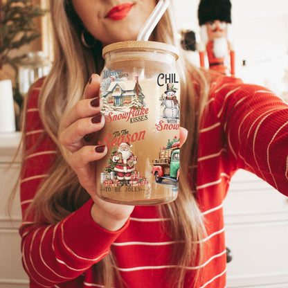 Vintage Christmas Glass Tumbler With lid & Straws