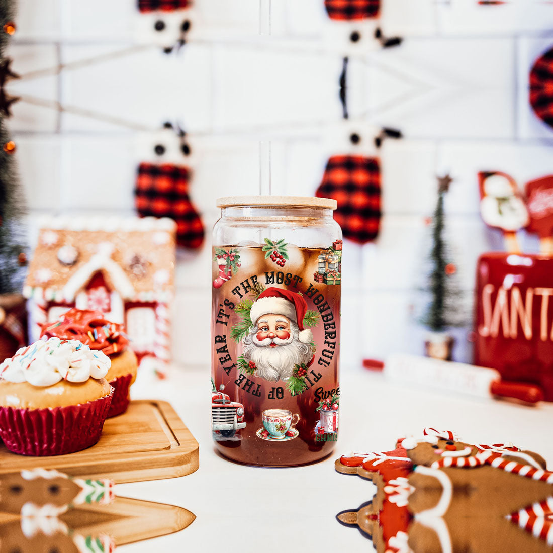 Vintage Christmas Glass Tumbler With lid & Straws