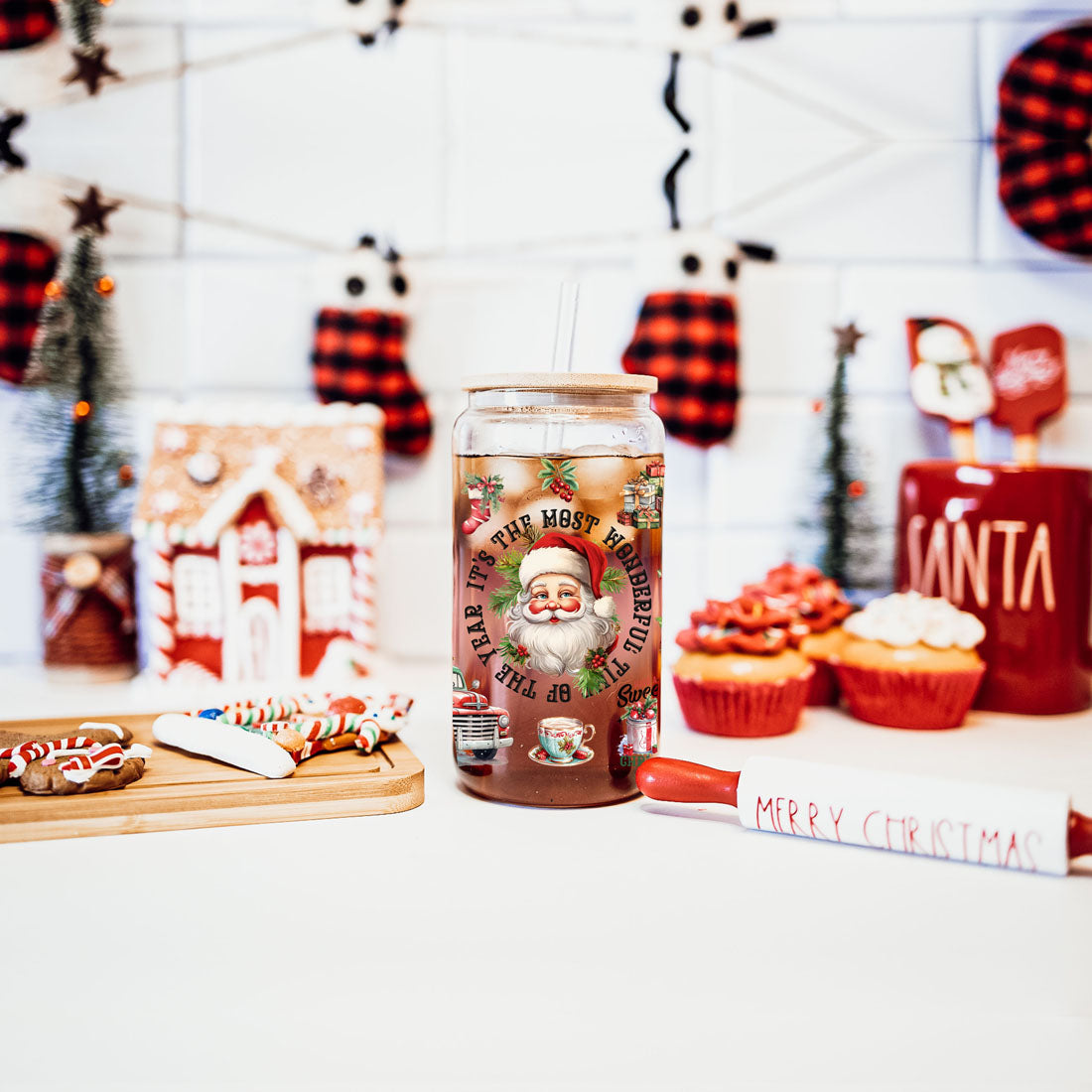 Vintage Christmas Glass Tumbler With lid & Straws