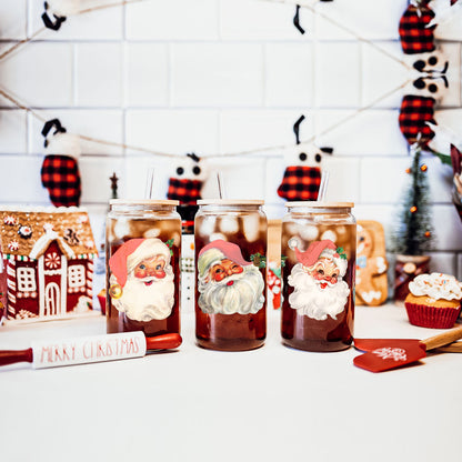 Vintage Santa Glass Cup with Lid & Straw